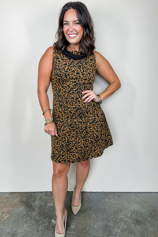 Sleeveless Leopard Print Denim Drop Waist Dress