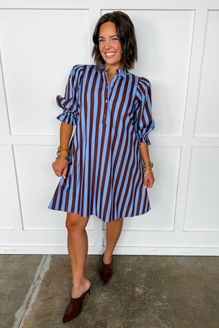 Stripe Me Pretty Dress in Blue & Brown