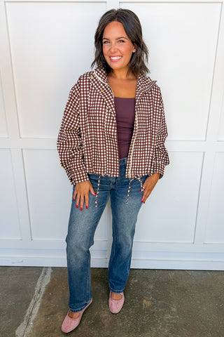 The Hadley Drawstring Pullover Jacket in Brown Gingham