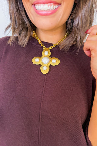 Chapel Cross Pendant Necklace in Gold & Pearl