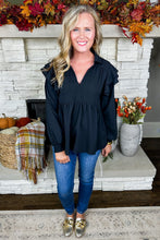 Load image into Gallery viewer, Smocked Sleeve Babydoll Top with Ruffle Detailing in Black