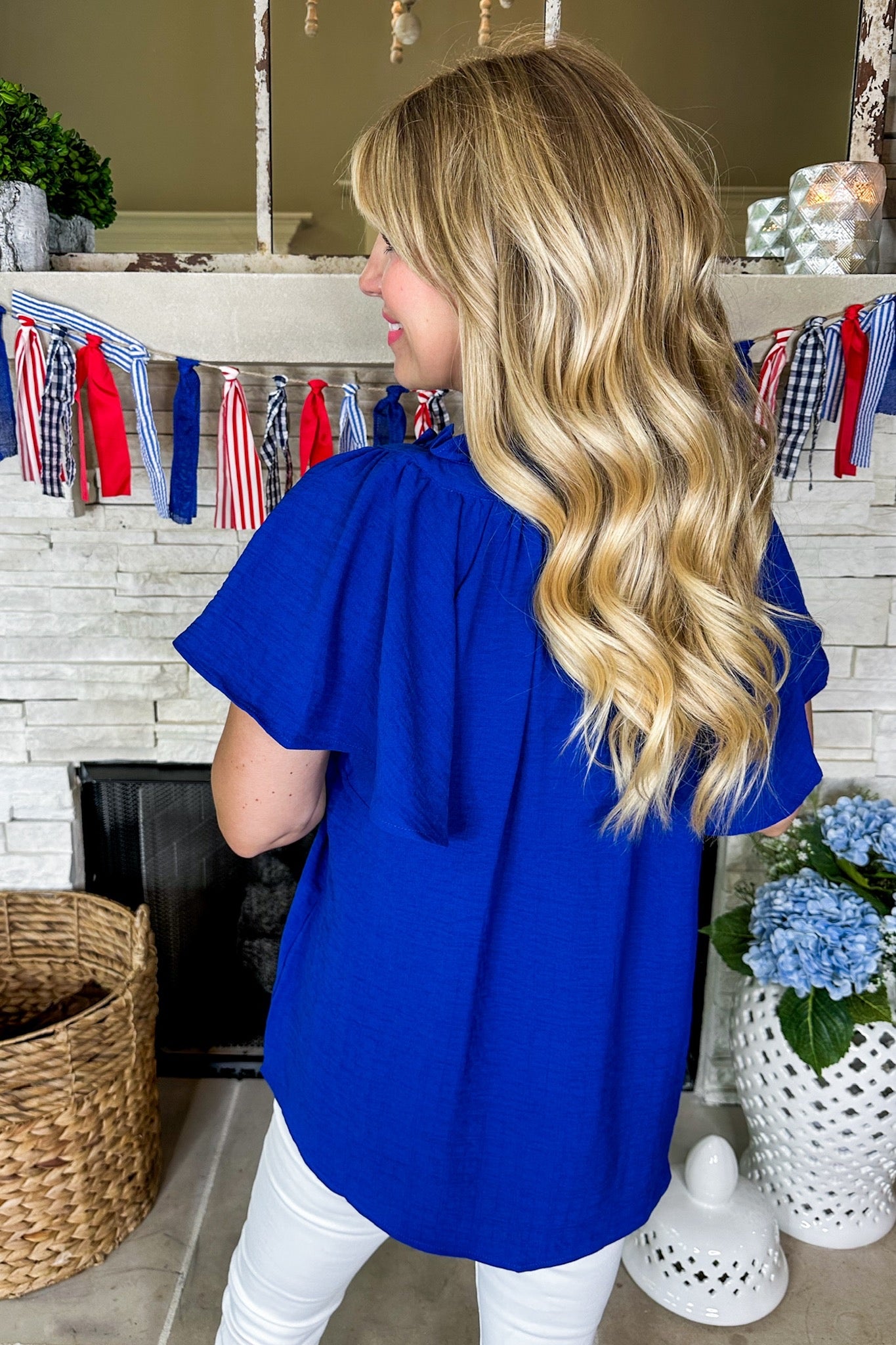 Ruffle V Neck Drop Sleeve Shift Top in Blue