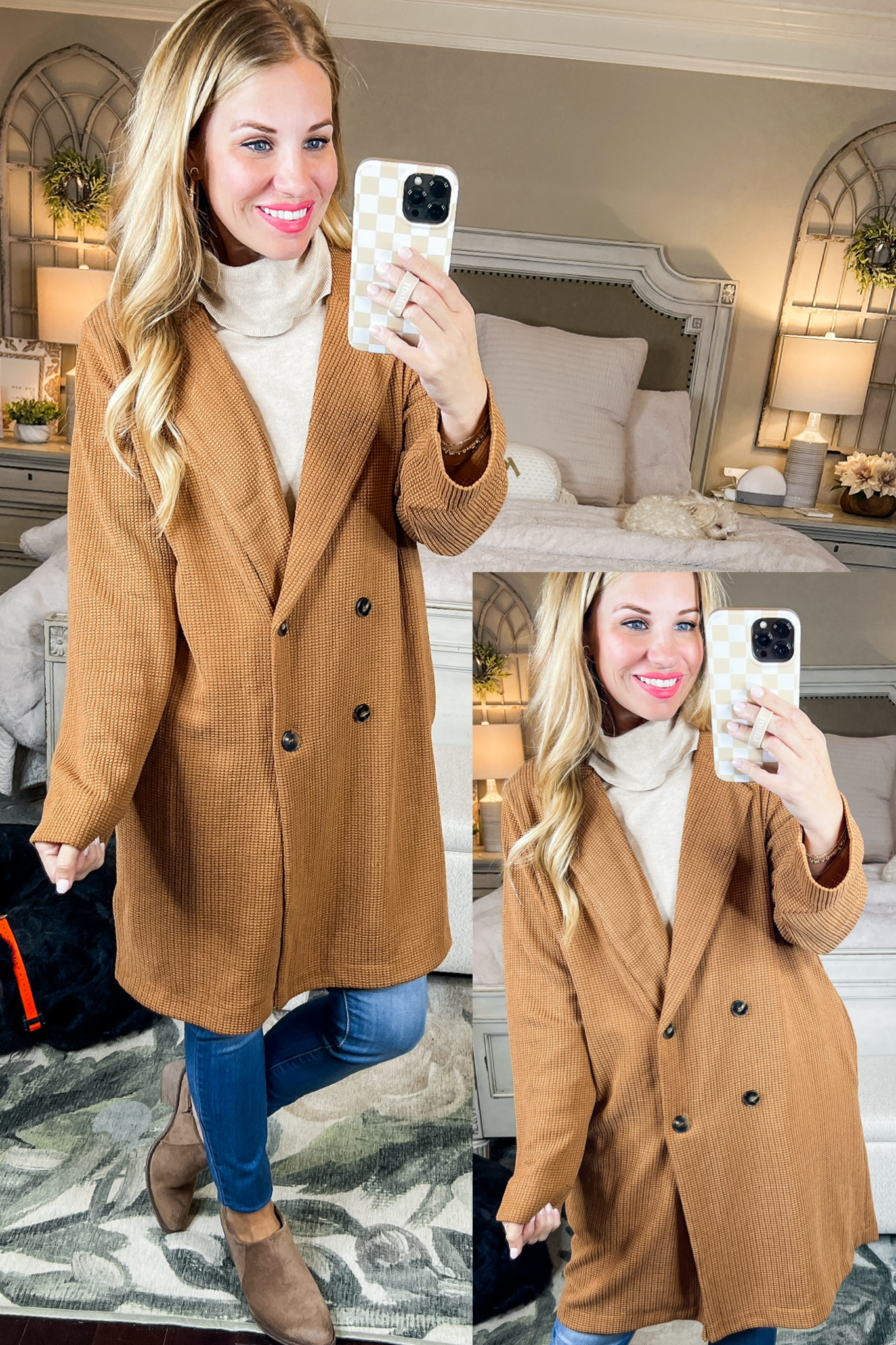 Lapel Collar Textured Knit Trench Coat in Camel