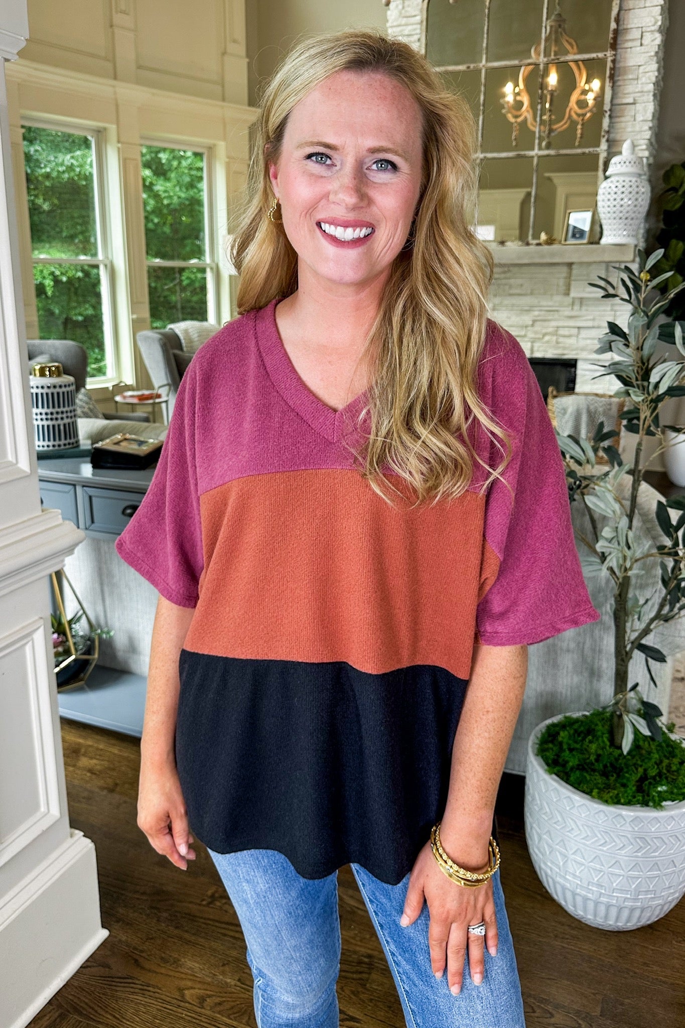 Super Soft Drop Shoulder Color Block Fall Toned V Neck Top