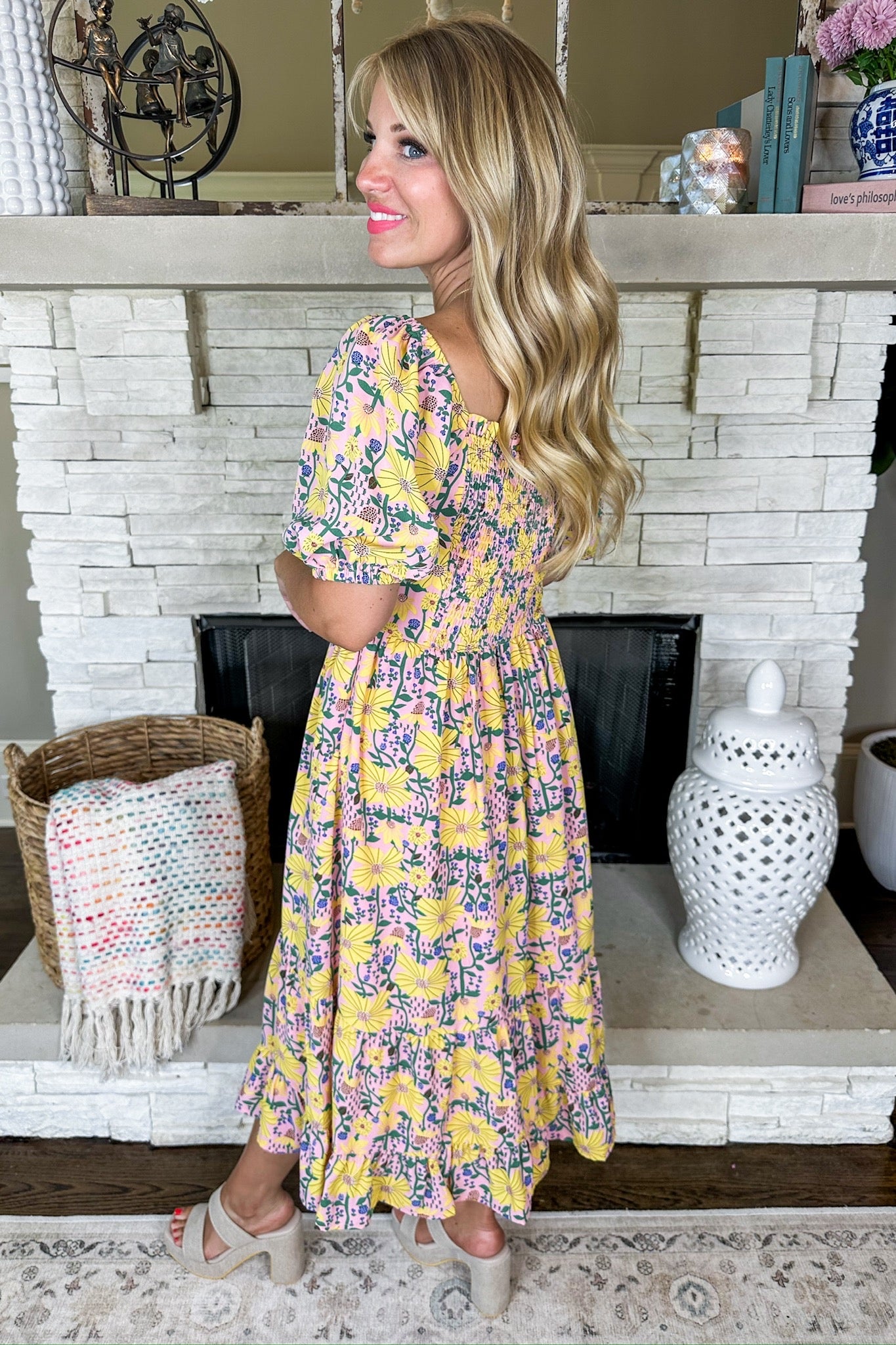 Yellow Floral Cinched Tie Sweetheart Neck Midi Dress