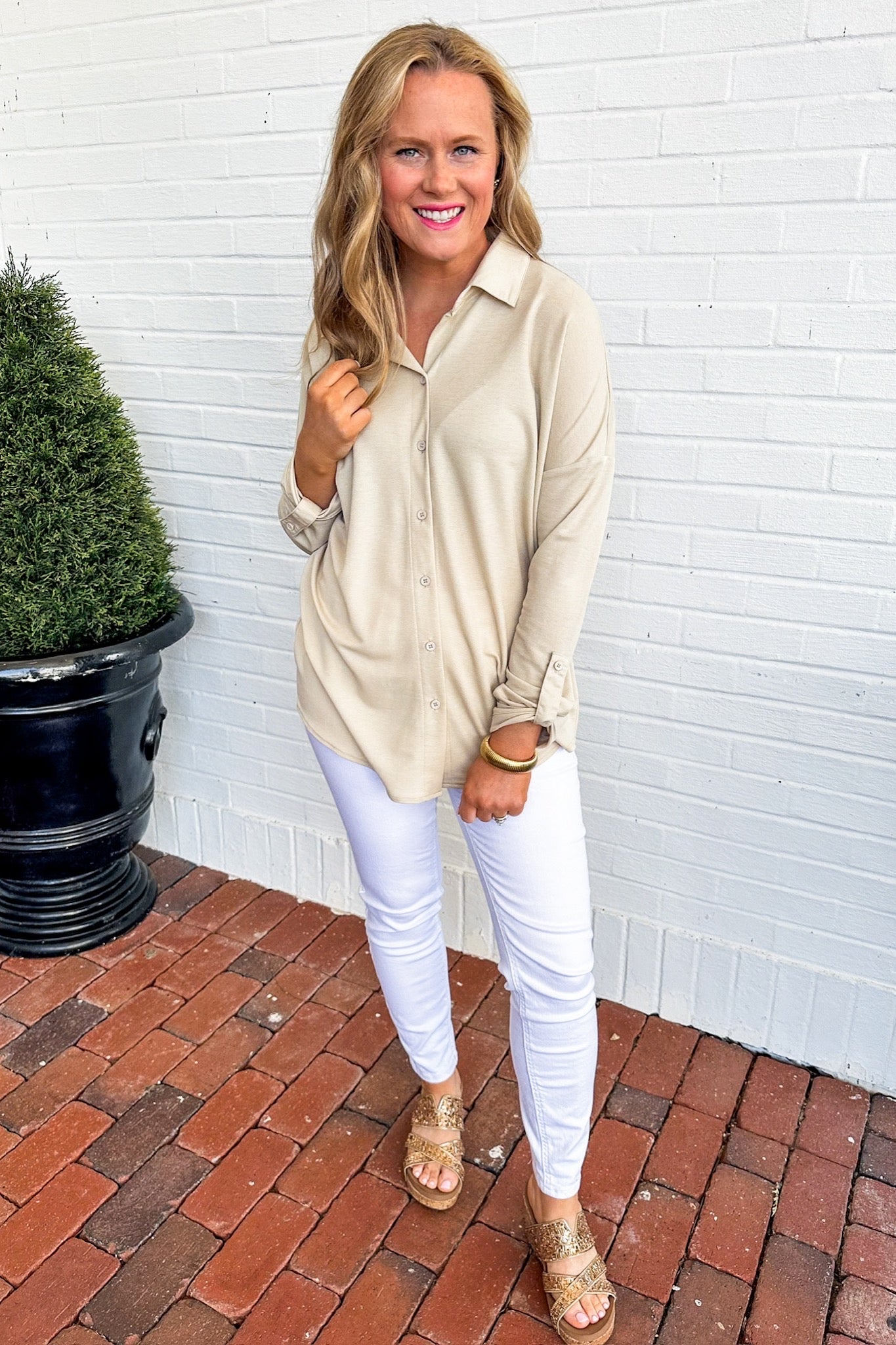 Button Up Collared Rolled Sleeve Beige Top