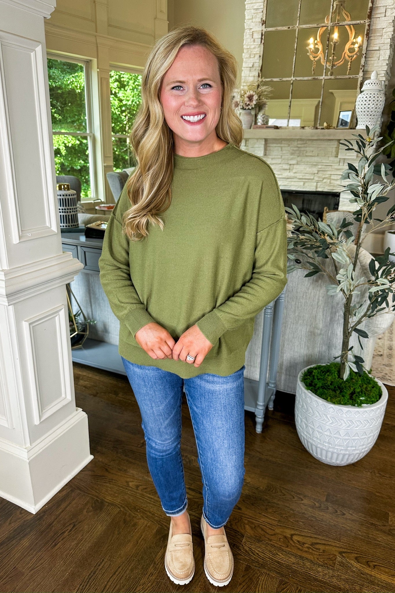 Oversized Soft Lightweight Boat Neck Sweater in Olive