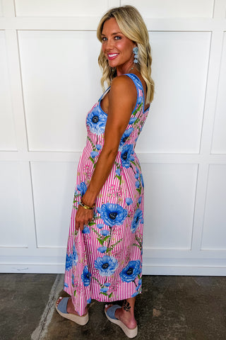 Just Feels Right Stripe Dress in Pink & Blue Floral