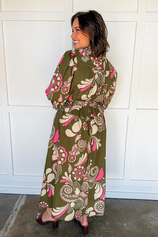 Retro Olive Bloom Midi Dress
