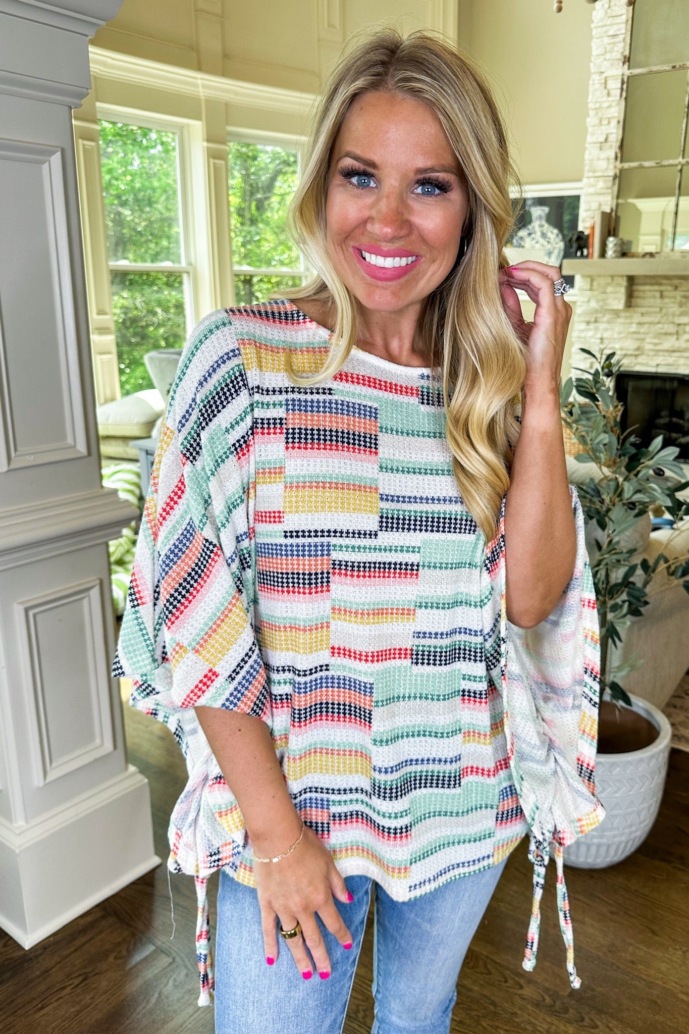 Cinched Multi Color Stripe Knit Poncho Top