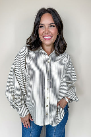 Black & Cream Billowy Striped Button Down Top