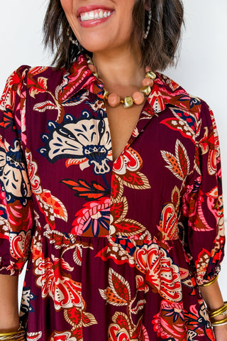 Talk Of The Town Paisley Midi Dress in Burgundy