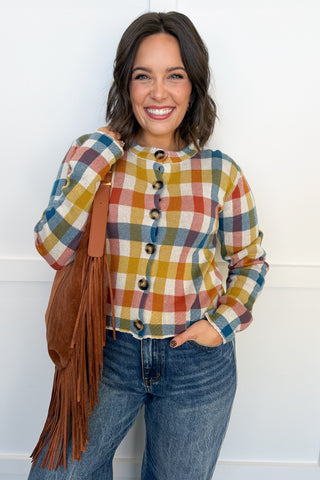 Color Me Cozy Plaid Knit Cardigan