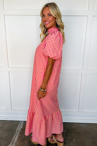 The Meredith Midi Dress in Pink & Yellow Gingham