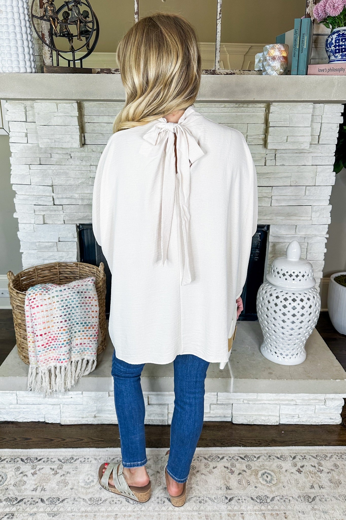 Mock Neck Tie Back Poncho Style Shift Top