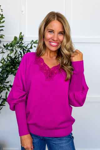 Romantic Touch Lace V Neck Sweater in Magenta