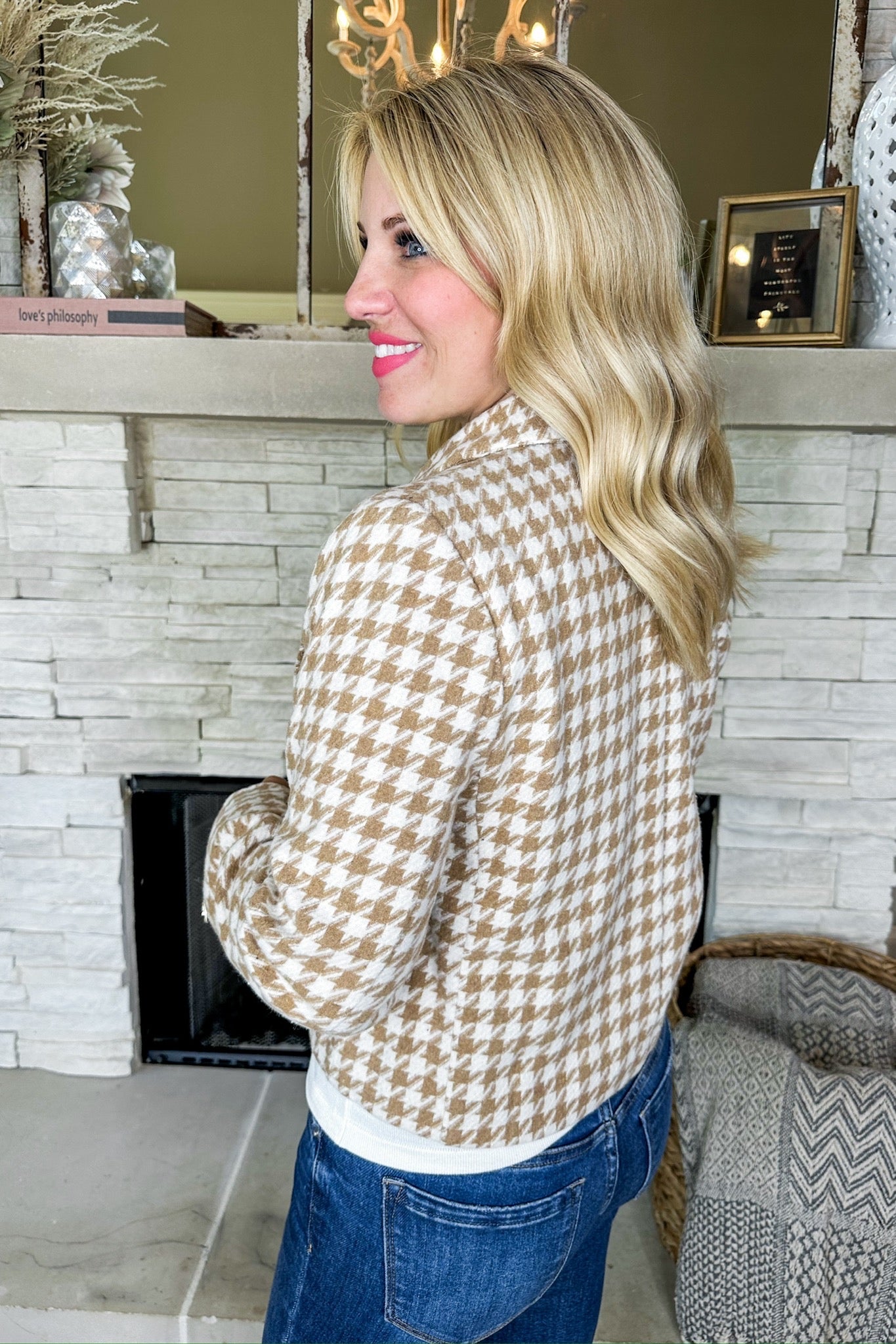 Cropped Taupe Houndstooth Peak Lapel Collared Wool Jacket