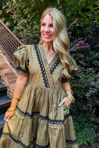 Ric Rac Trim Tiered Midi Dress in Olive