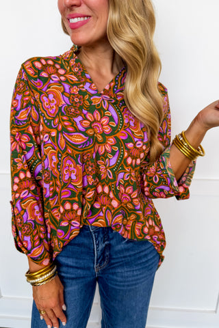 Dear Scarlett Lane Ruffle Collar Top in Olive Floral