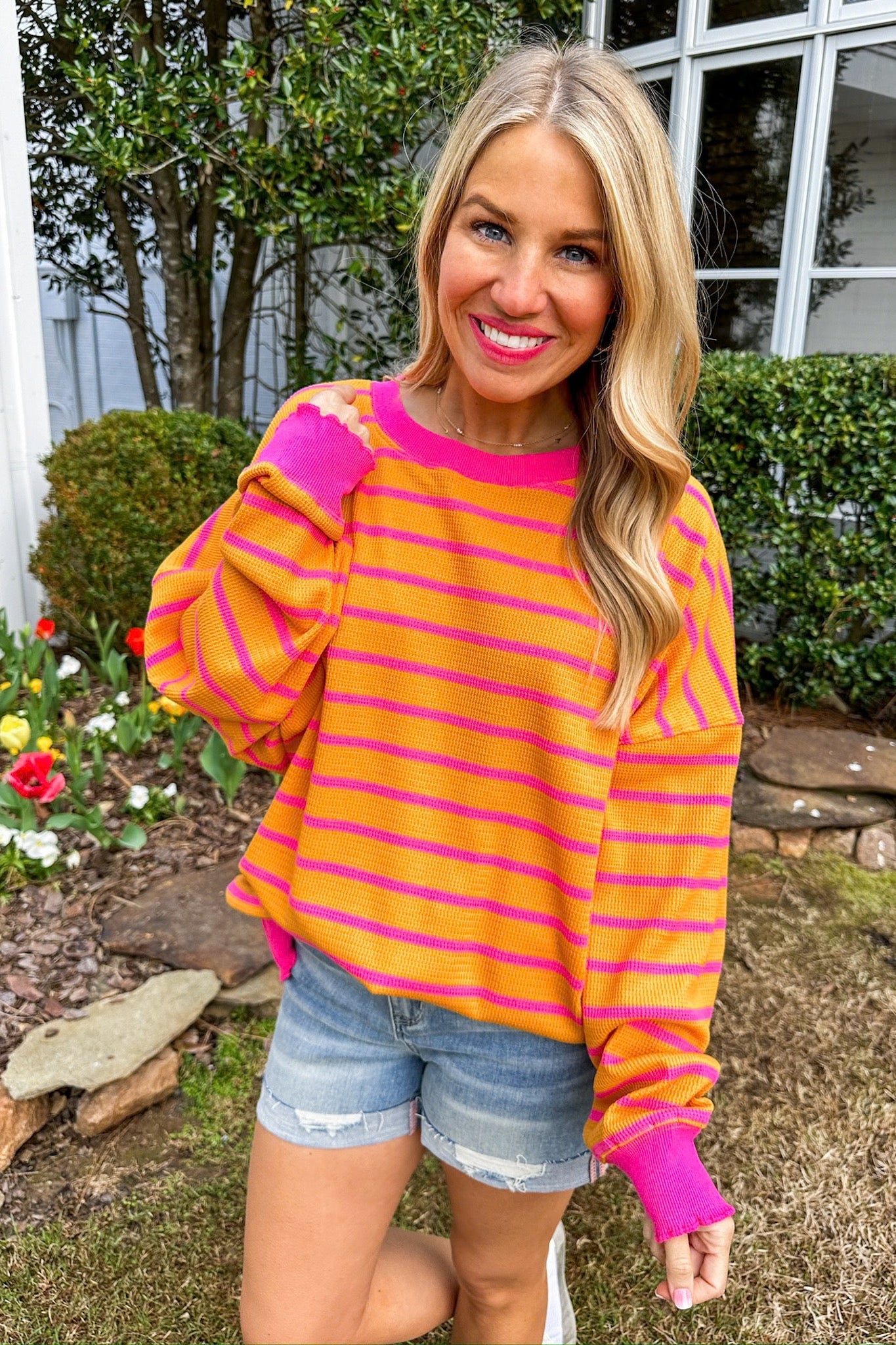 Oversized Pink & Mustard Striped Long Sleeve Top
