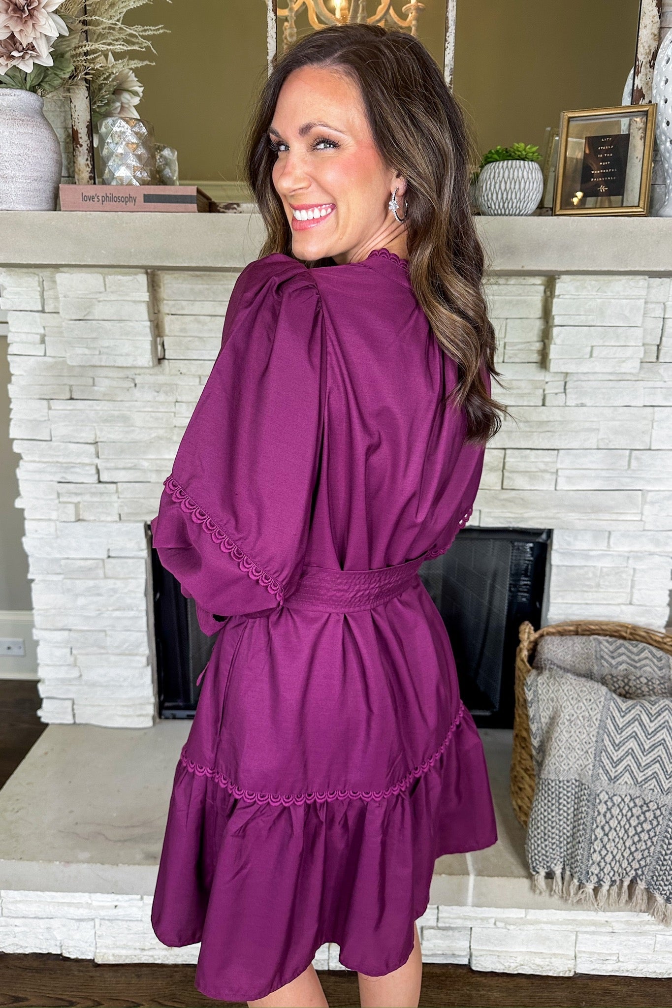 Scallop Eyelet Trim Tie Waist Notch Neck Pocketed Dress in Plum