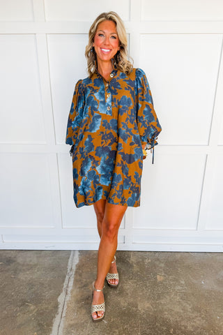 Social Season Button Front Dress in Camel & Blue Floral