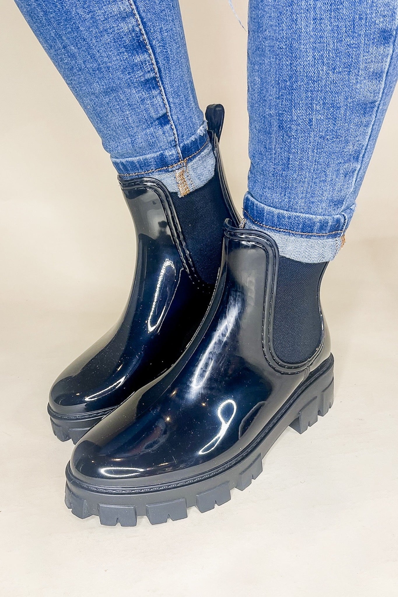 Waterproof Glossy Chunky Rain Boot in Black