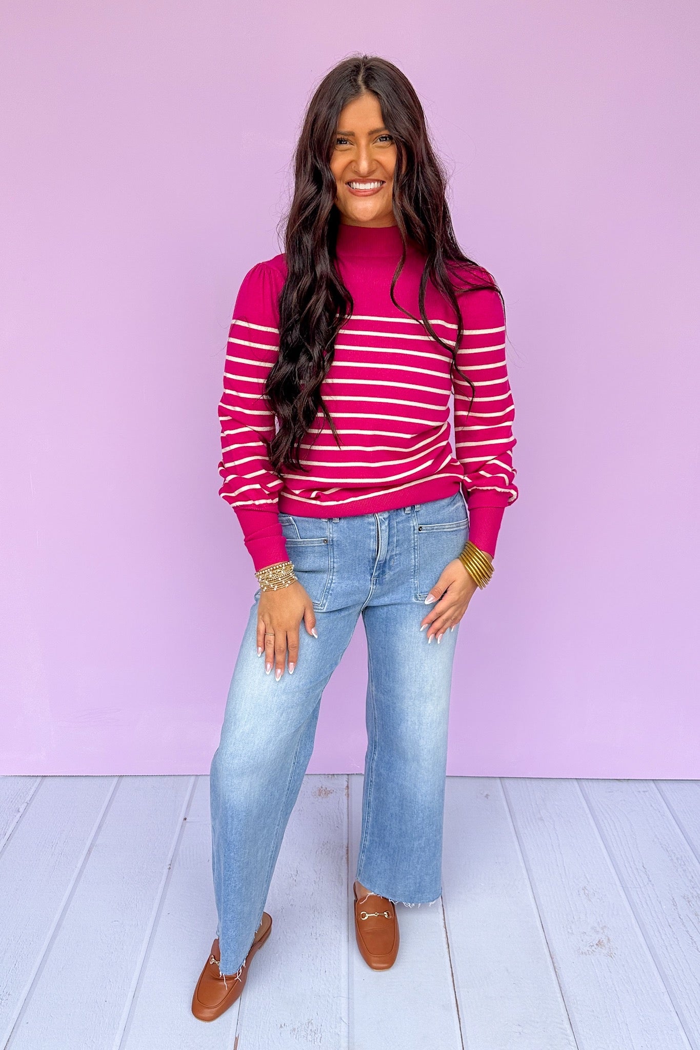 White Striped Puff Lantern Sleeve Magenta Top