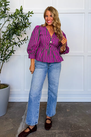 Made To Stand Out Stripe Peplum Top in Magenta & Olive