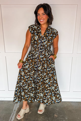 Best Selling Krissy Zip-up Midi Dress in Navy & Mustard Floral