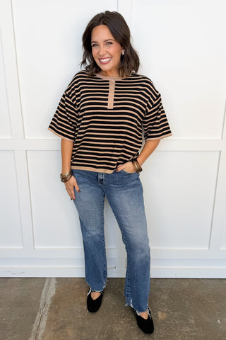 Weekend Stripe Henley Top in Black