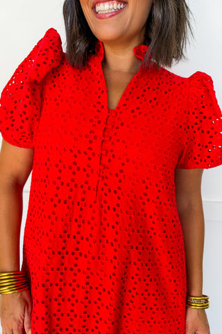 The Meredith Eyelet Midi Dress in Red