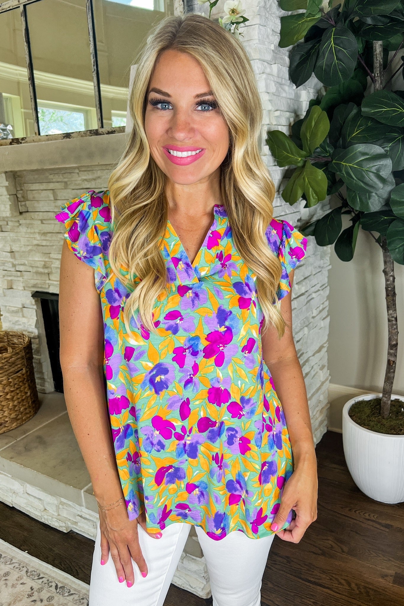 The Lizzy Flutter Sleeve Top in Multi Watercolor Floral