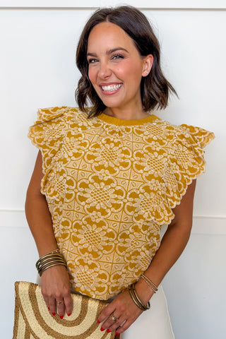 Golden Garden Scallop Ruffle Top in Mustard