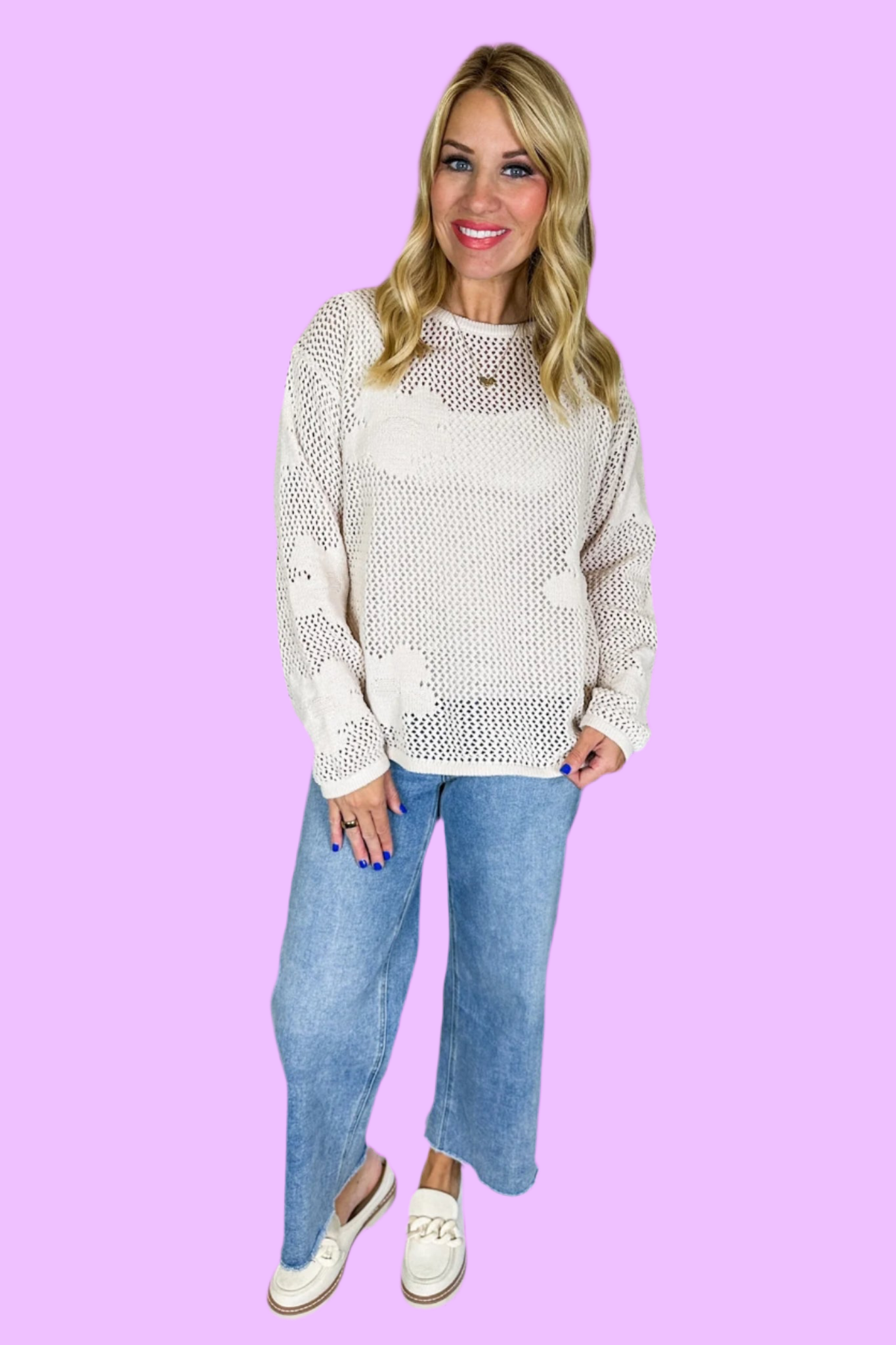 Super Soft Ivory Open Knit Flower Sweater