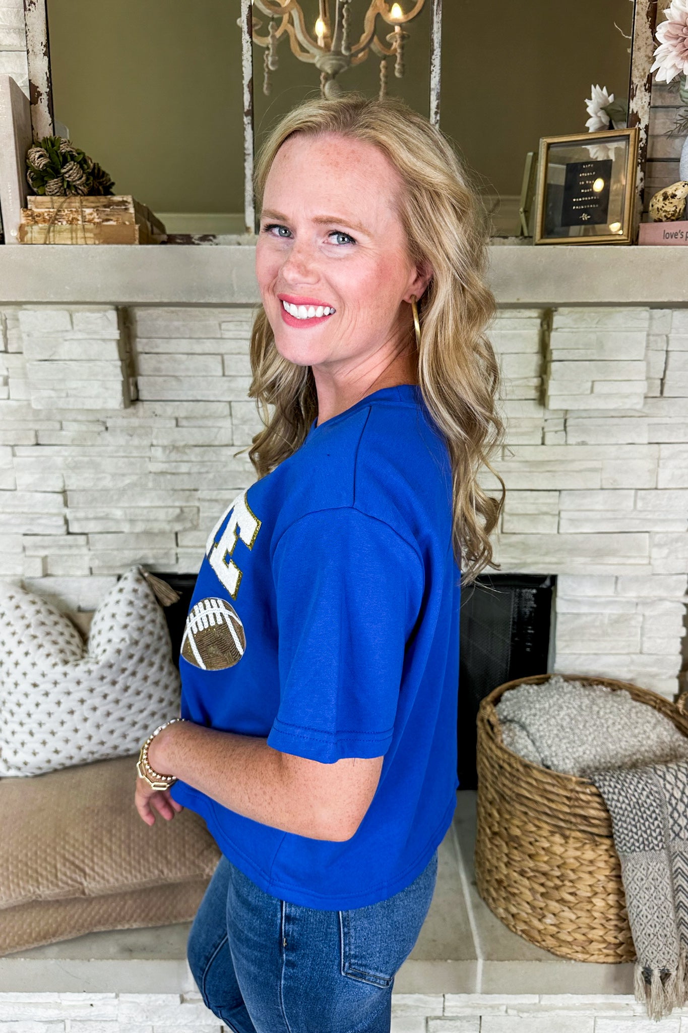 Sequin Patch Letter Football Game Day Top in Blue