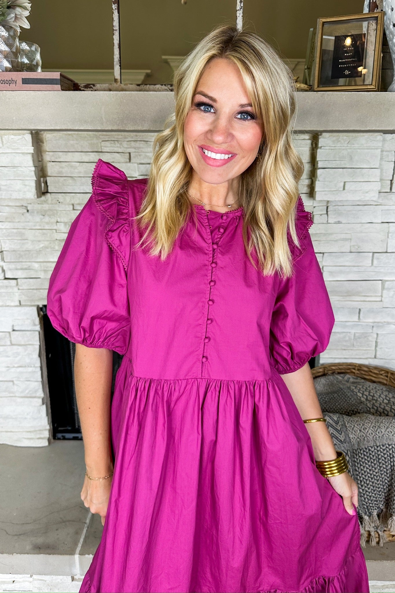 Ruffle Puff Sleeve Button Loop Poplin Midi Dress in Magenta