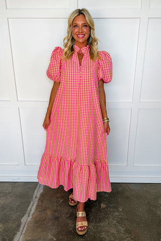 The Meredith Midi Dress in Pink & Yellow Gingham