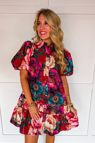 The Cabernet Bloom Button Front Dress