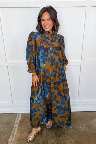 Social Season Button Front Midi Dress in Camel & Blue Floral