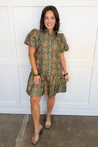 Printed Promise Drop Waist Dress in Hunter Green