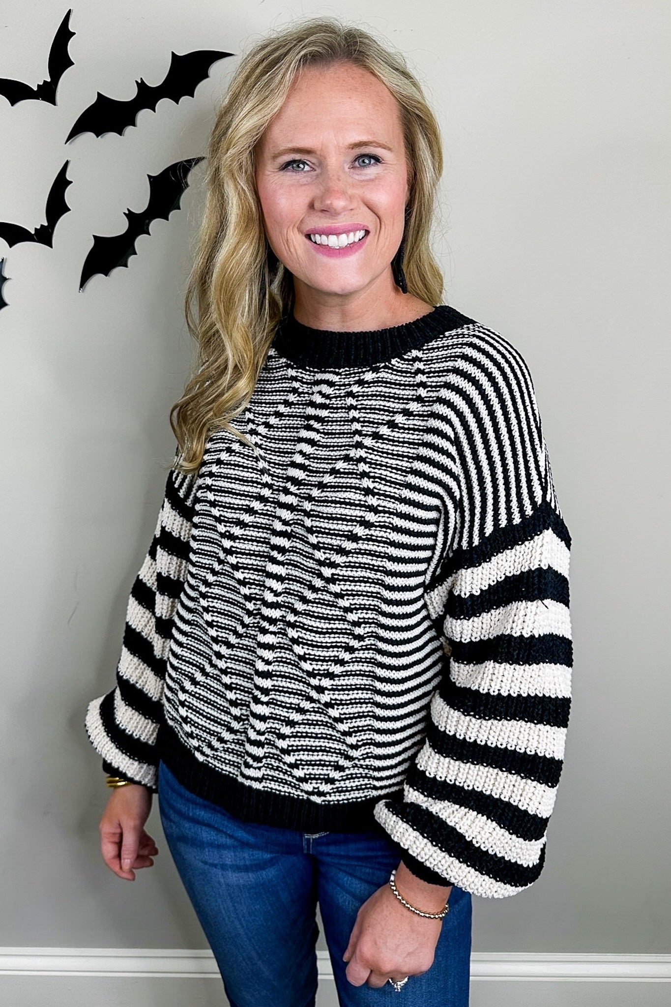 Cable Knit Chunky Multi Striped Sweater in Black