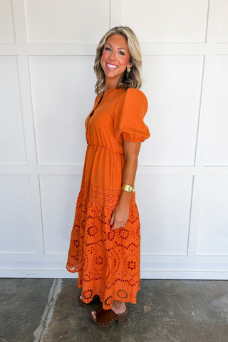 Amber Glow Eyelet Midi Dress