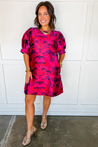 Mixing It Up Puff Sleeve Dress in Magenta
