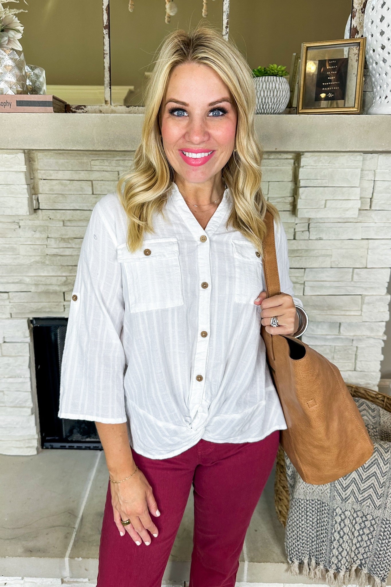 Textured Button Down Knot Hem Collared Top