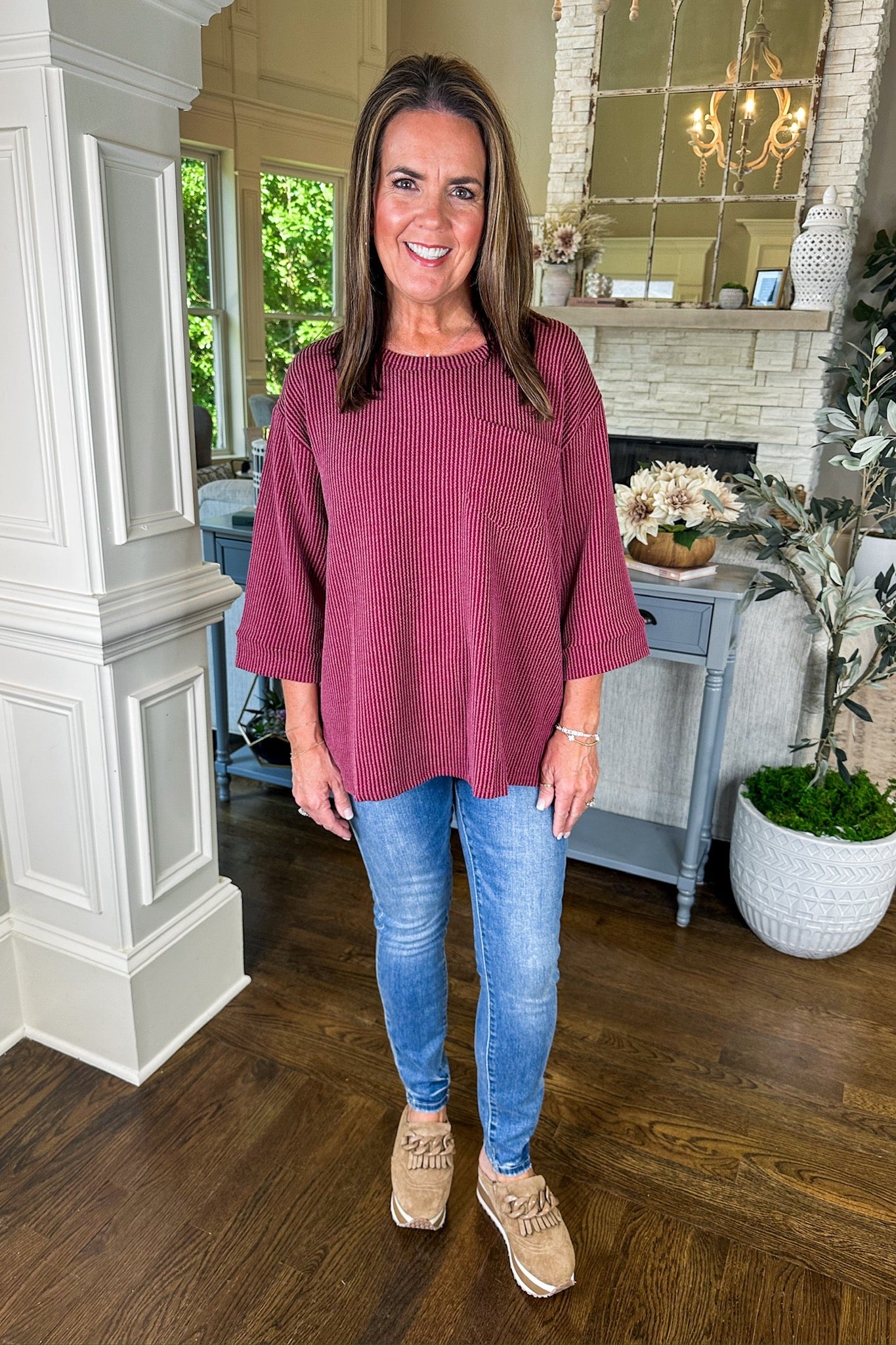 The Macy Ribbed Pocketed Three-Quarter Sleeve Top in Wine