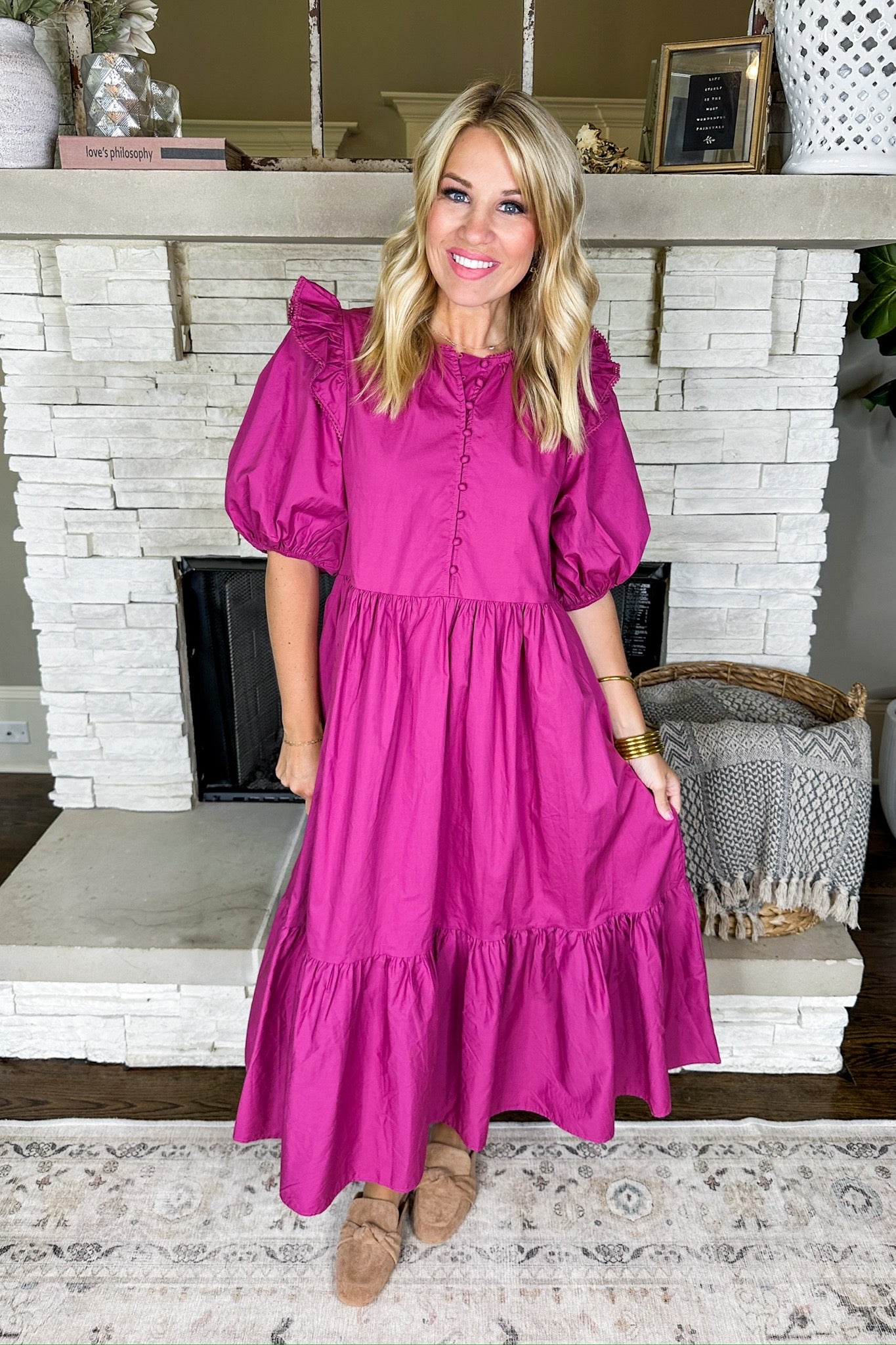 Ruffle Puff Sleeve Button Loop Poplin Midi Dress in Magenta