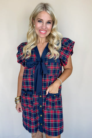 Navy Blue & Red Plaid Ruffle Dress
