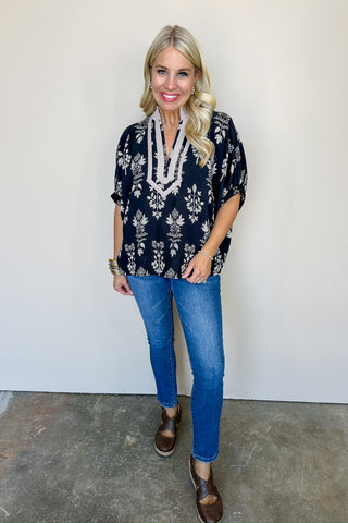 The Sarah Top in Black Striped Print