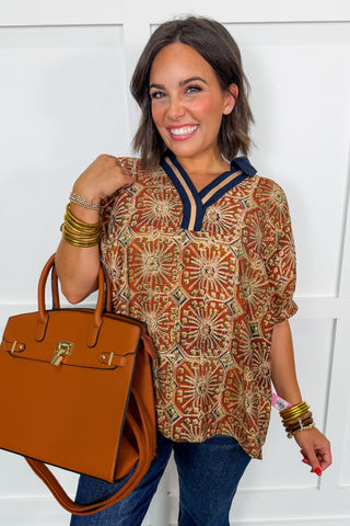 Rich Girl Vibes Collared Top in Navy + Terracotta